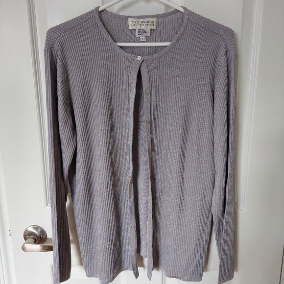 The Works Saks Fifth Avenue 100% Silk Cardigan Sweater, Silver Gray, Size L - Picture 1 of 6